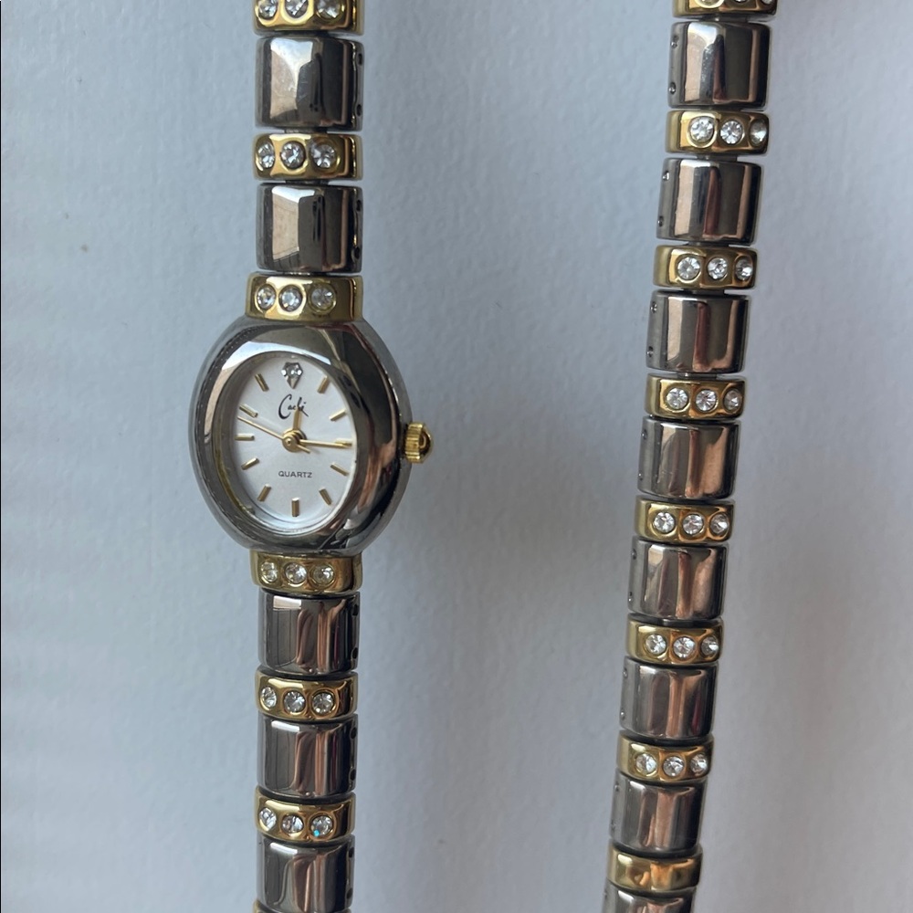 Vintage Cache Watch and Matching Bracelet Gold/ Silver Toned with Rhinestones 7